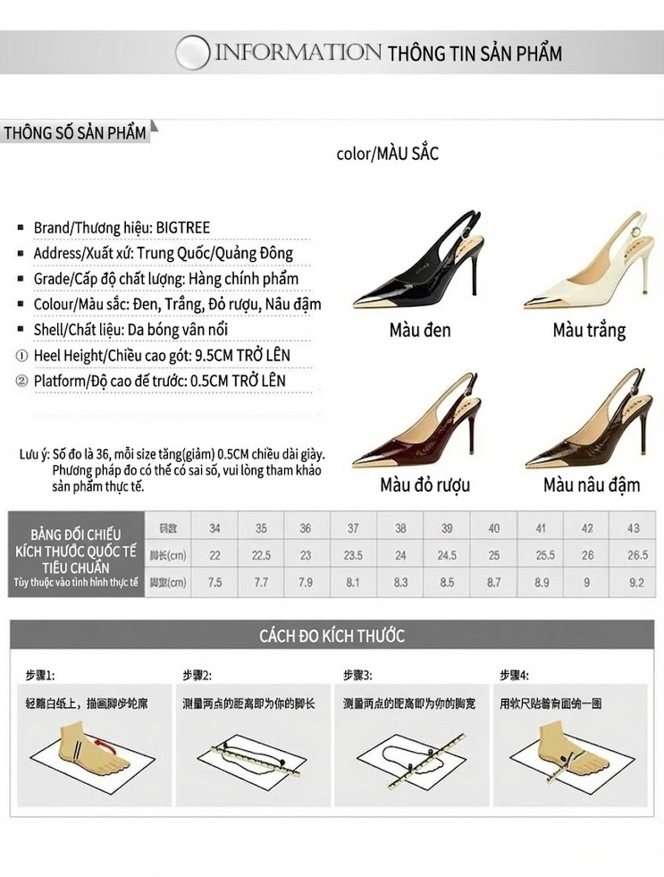 Giày Cao Gót Nữ Mũi Nhọn Gót Nhọn Hở Gót Quai Hậu Da Bóng Chiều Cao Đế Khoảng 8cm Màu Đen, Trắng, Nâu, Đỏ... chi tiết 1