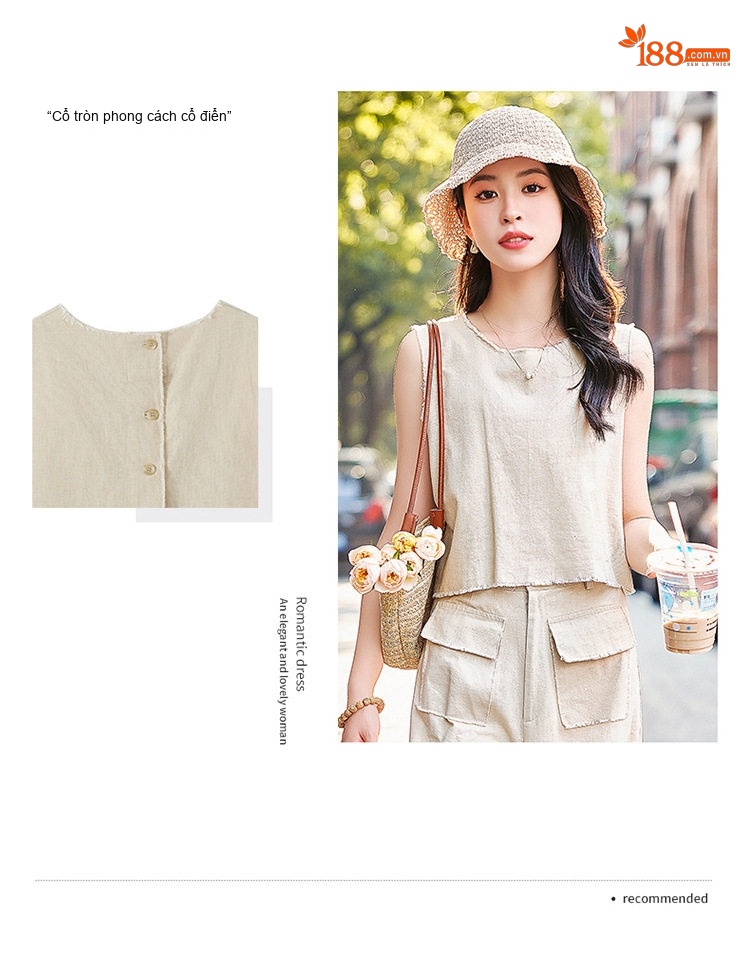 Bộ Quần Áo Nữ Cotton Linen Ống Rộng Áo Không Tay Phong Cách Thanh Lịch Màu Be, Xanh Navy chi tiết 6