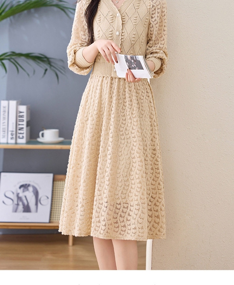 Váy Dệt Kim Nữ Cổ chữ V Đính Cúc Ngọc Trai Phối Ren Phong Cách Quý Cô Màu Be, Đen, Hồng chi tiết 19
