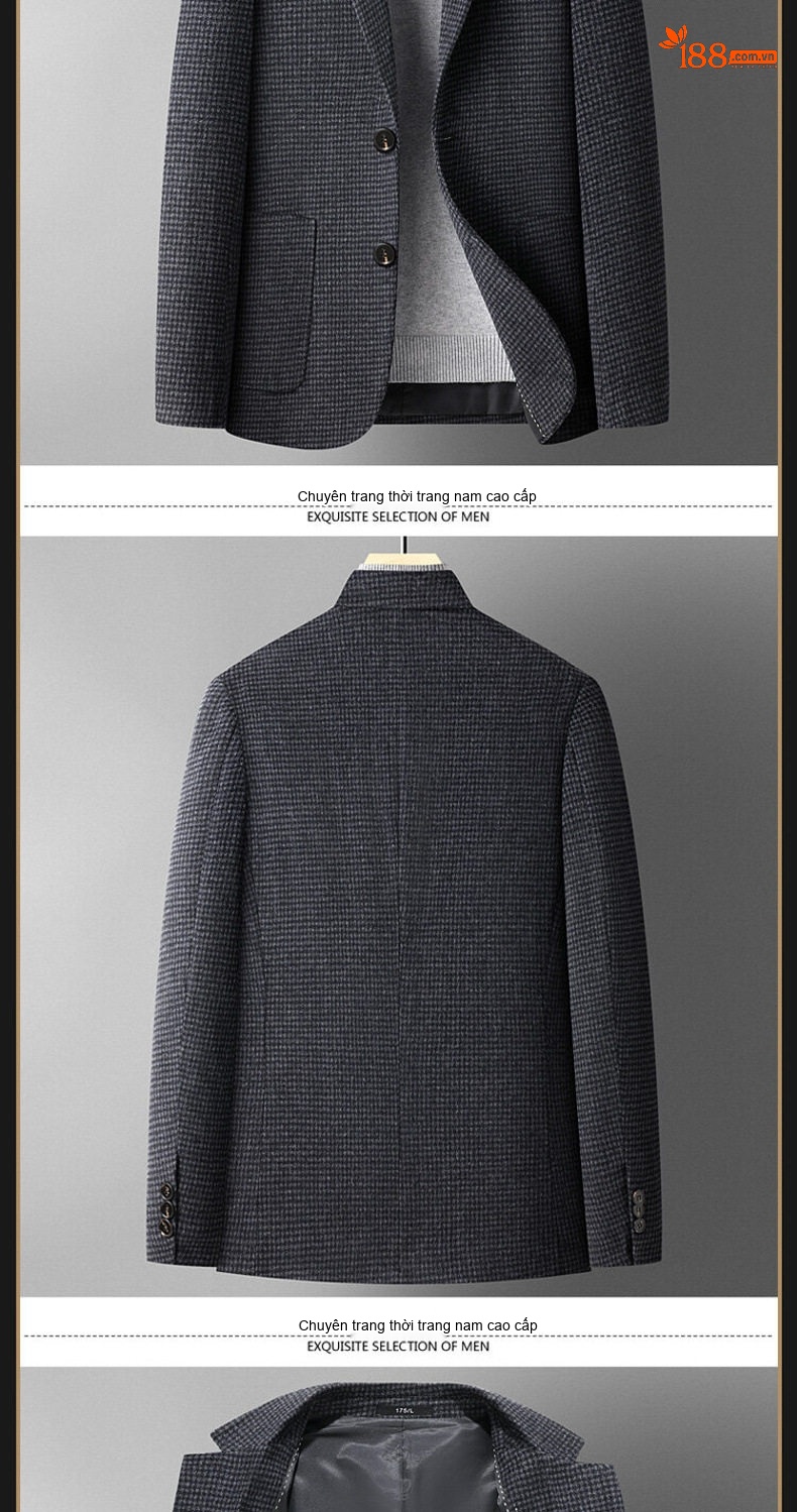 Áo Vest Nam 50% Len Kẻ Houndstooth Thu Đông Dáng Ôm Ngắn Màu Nâu, Xám, Đen chi tiết 11