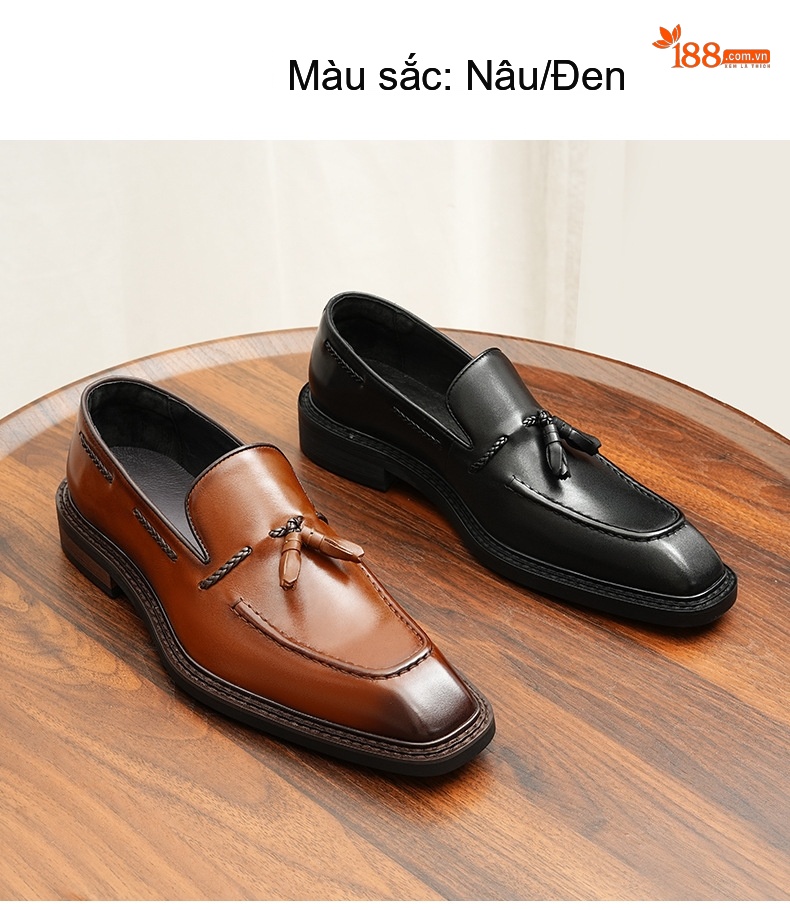 Giày Lười Nam Da Bò Trang Trí Tua Rua Chiều Cao Đế Khoảng 3cm Màu Nâu, Đen chi tiết 4