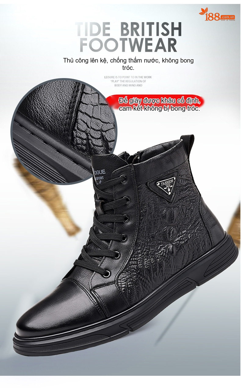 Giày Boot Martin Nam Da Bò Cao Cổ Phong Cách Anh Quốc Chiều Cao Đế Khoảng 3cm Màu Đen chi tiết 7