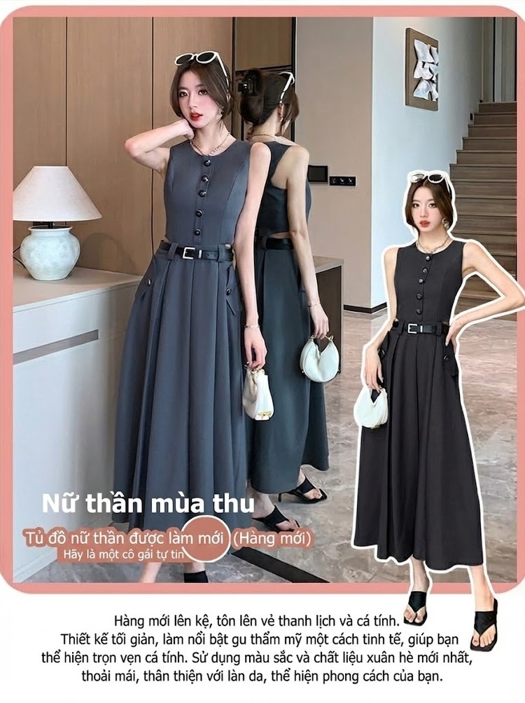 Váy liền thân Nữ Không Tay Thiết Kế Áo Vest Giả Kèm Chân Váy Xếp Ly Màu Xám, Đen chi tiết 1