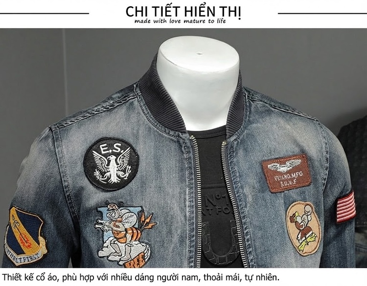 Áo Khoác Bomber Nam Denim Kiểu Dáng Ôm Vừa Thêu Huy Hiệu Màu Xanh Denim chi tiết 3