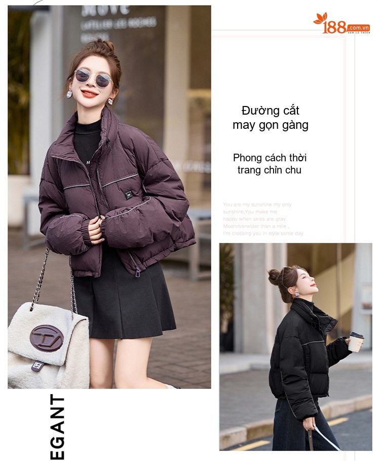 Áo Khoác Phao Nữ Ngắn Thiết Kế Dáng Bomber Ấm Áp Màu Trắng, Đen, Nâu, Tím chi tiết 10