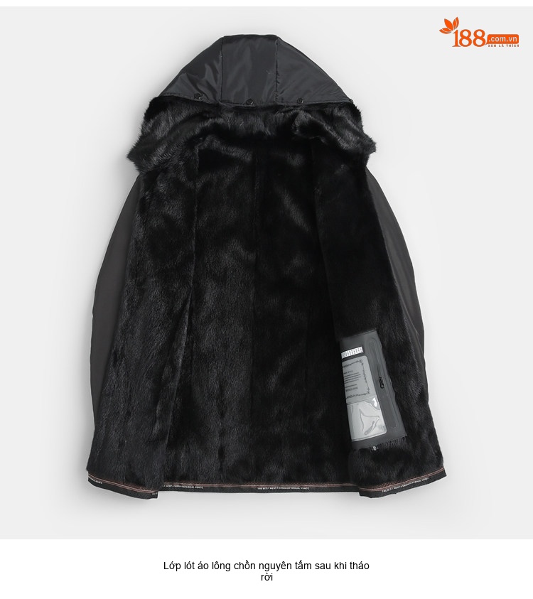 Áo Khoác Parka Nam Dáng Dài Lót Lông Chồn Form Ôm Châu Âu Màu Đen chi tiết 10