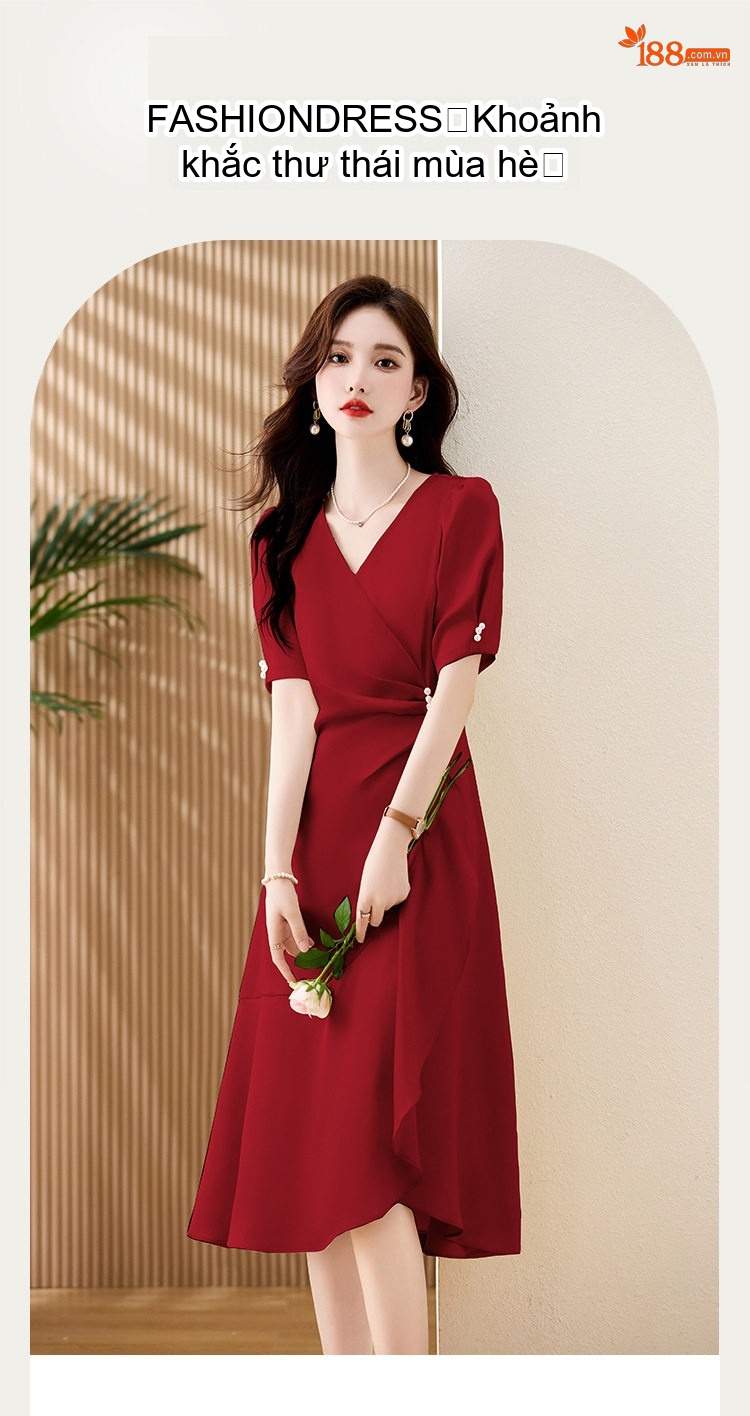 Váy Đầm Nữ Cổ chữ V Wrap Kiểu Dáng Thanh Lịch Màu Trắng, Đỏ, Đen chi tiết 1