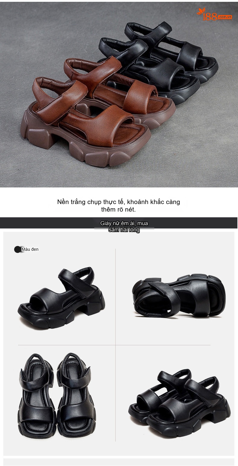Giày Sandal Cao Gót Nữ Hở Ngón Da Bò Quai Hậu Đế Bệt Gót Cao 7cm - 8cm Màu Đen, Nâu chi tiết 14