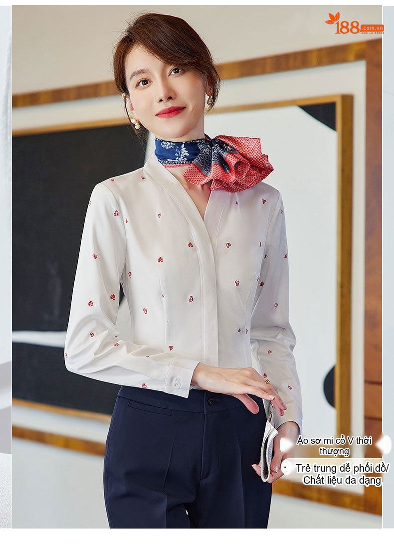 Áo Sơ Mi Nữ Cổ Trụ Tay Dài Màu Trắng Họa Tiết chi tiết 3