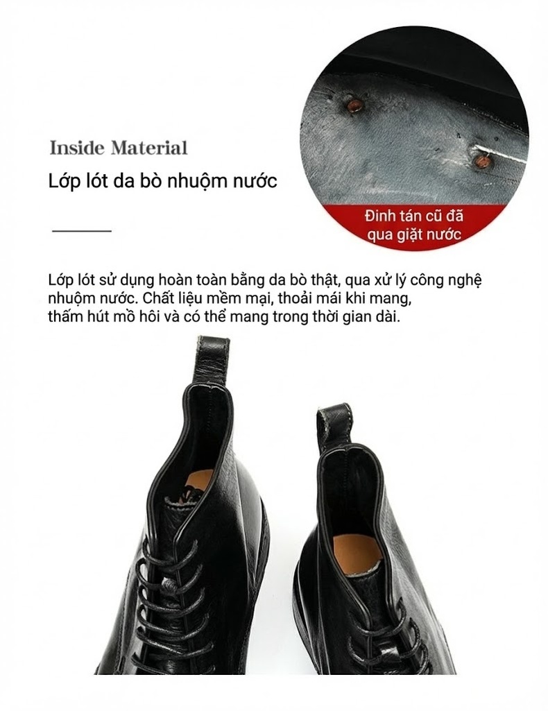 Giày Boot Nam Da Thật Cổ Ngắn Oxford Chiều Cao Đế Khoảng 3cm Màu Đen chi tiết 8