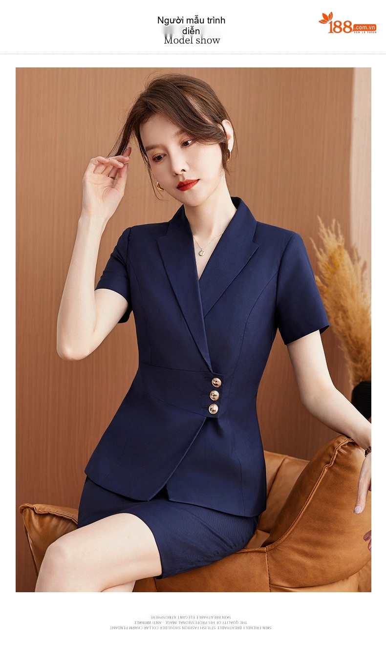 Bộ Vest Công Sở Nữ Tay Ngắn Áo Khoác Chân Váy Màu Đen, Xám, Xanh Navy chi tiết 10
