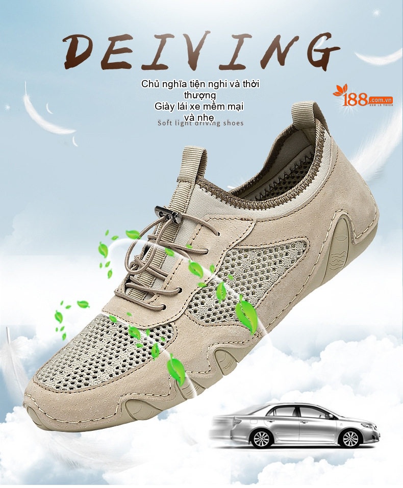 Giày Mọi Nam Vải Lưới Thoáng Khí Da Mờ Chiều Cao Đế Khoảng 3cm Màu Kem, Đen, Xám chi tiết 1