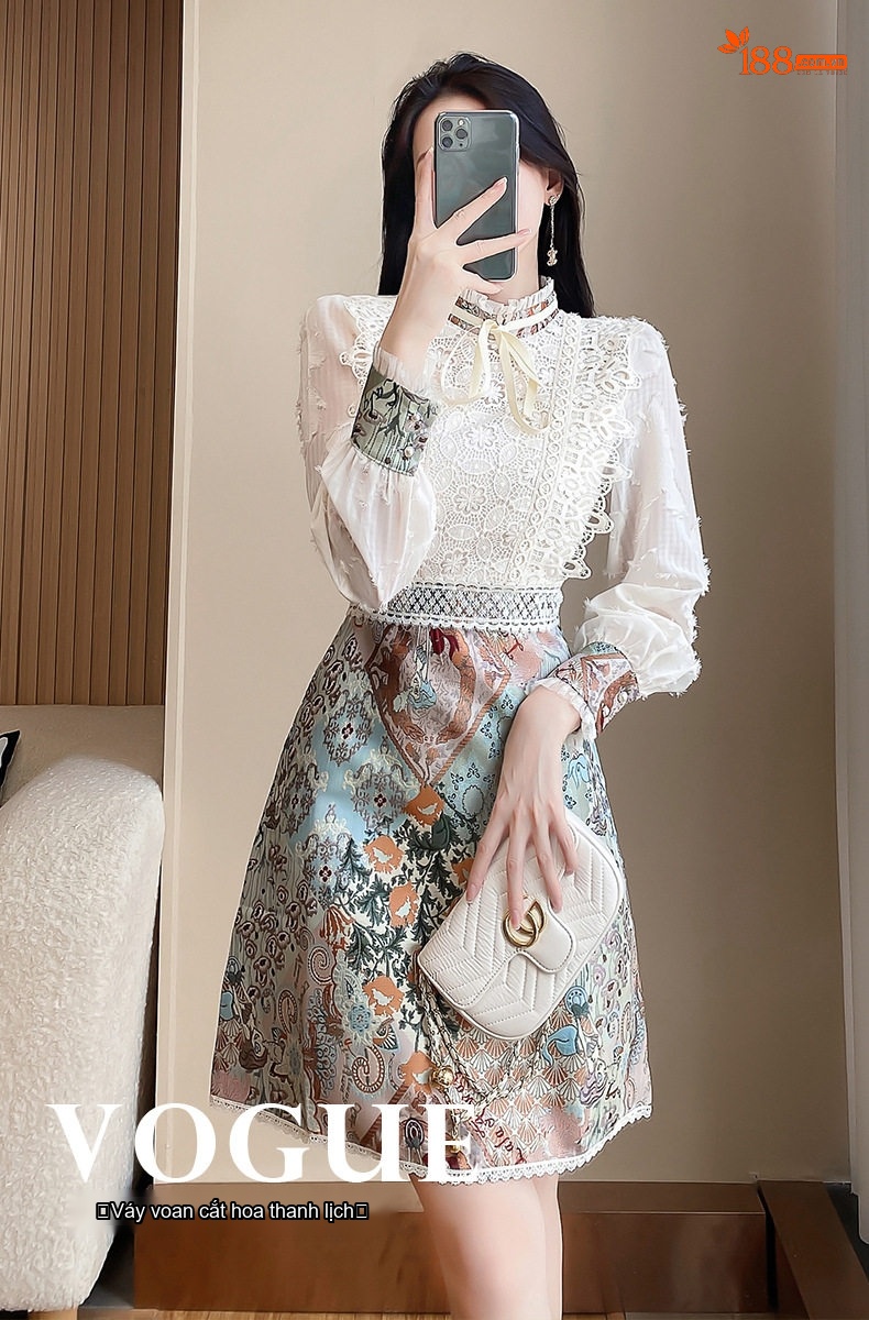 Váy Đầm Nữ Tay Dài Cổ Tàu Họa Tiết Thêu Hoa phối Ren Phong Cách Pháp chi tiết 1
