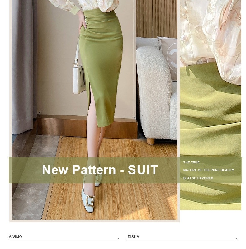 Set Bộ Áo Sơ Mi Tay Dài và Chân Váy Bút Chì Ôm Hông Xẻ Tà Phong Cách Công Sở OL Màu Xanh Olive chi tiết 5