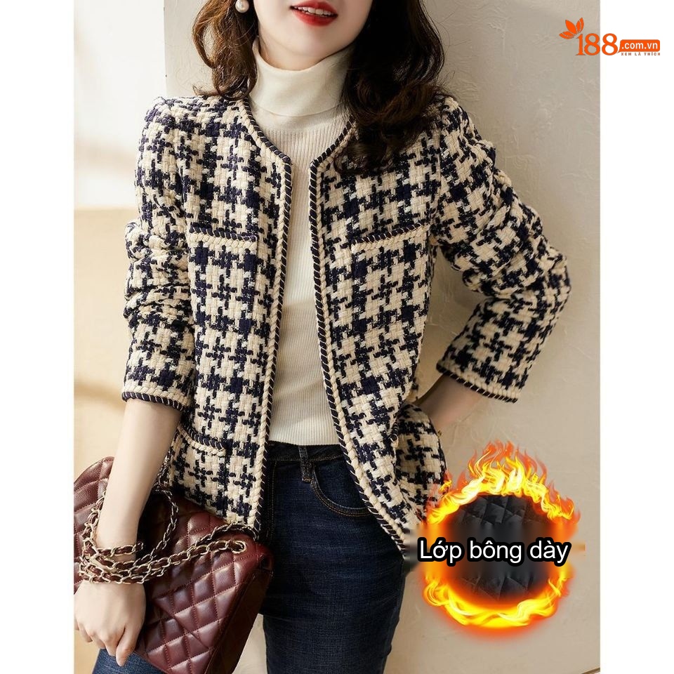 Áo Khoác Dạ Tweed Nữ Cổ Tròn Tay Lỡ Họa Tiết Houndstooth Phong Cách Tiểu Thư Màu Trắng, Xanh Navy