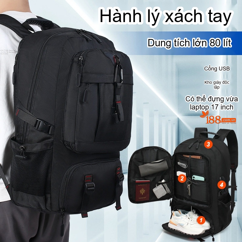 Balo Du Lịch Nam Thể Thao Ngoài Trời Đa Năng Chống Thấm Nước Sức Chứa Lớn Màu Đen chi tiết 4