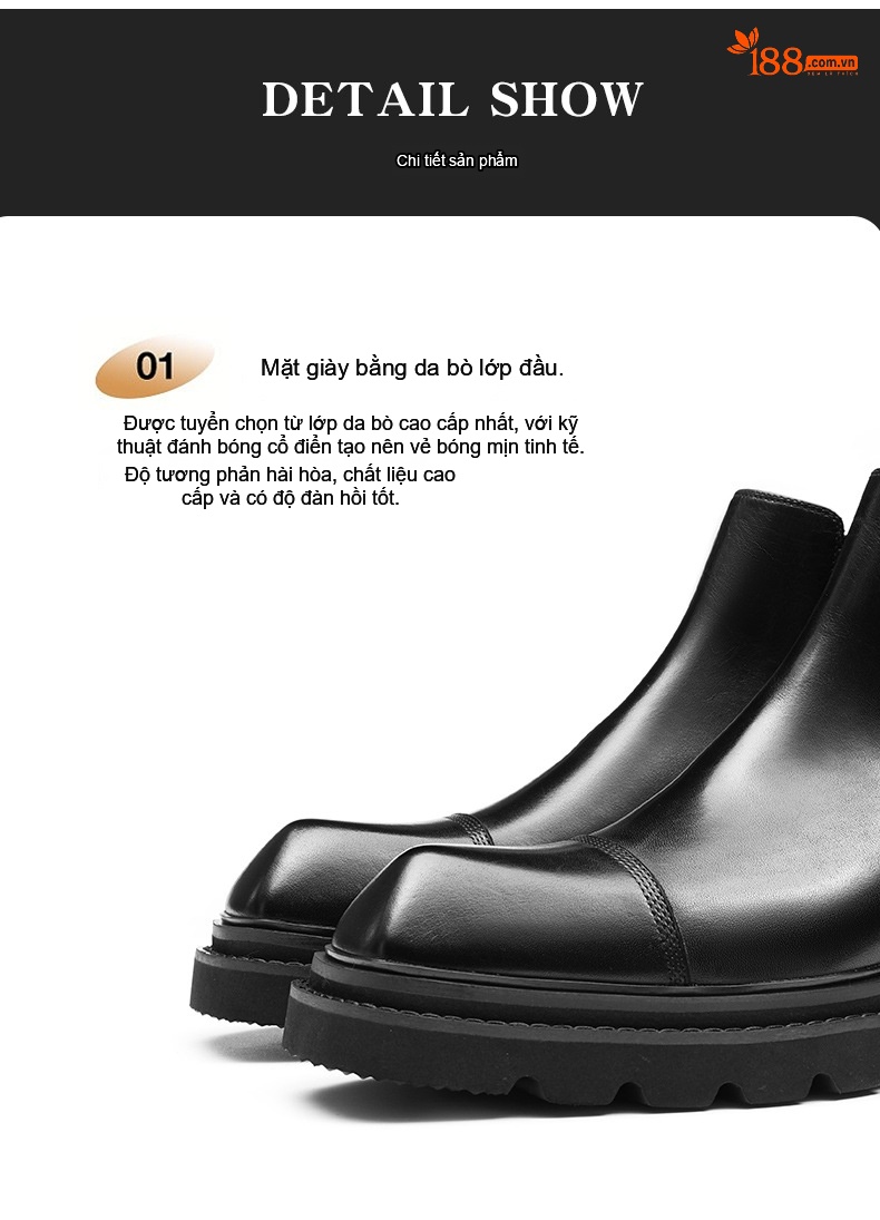 Giày Chelsea Boot Nam Da Bóng Cao Cổ Chiều Cao Đế Khoảng 4cm Màu Đen, Nâu Đỏ chi tiết 9