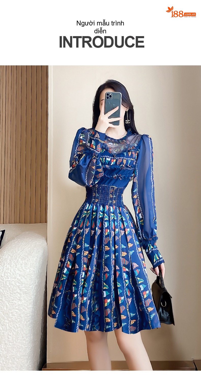 Váy Dài Tay Nữ Họa Tiết Hoa Nhí Phong Cách Pháp Thanh Lịch Màu Xanh, Đỏ chi tiết 13