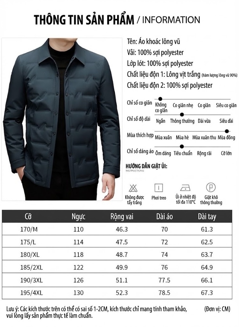 Áo Khoác Phao Nam Cổ Bẻ Dáng Ôm Giữ Ấm Thu Đông Màu Xám, Xanh Navy chi tiết 6