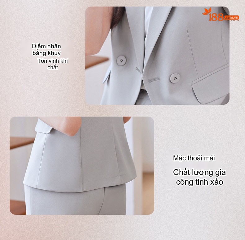 Bộ Vest Công Sở Nữ Tay Ngắn Mỏng Nhẹ Màu Xám, Be, Đen chi tiết 9