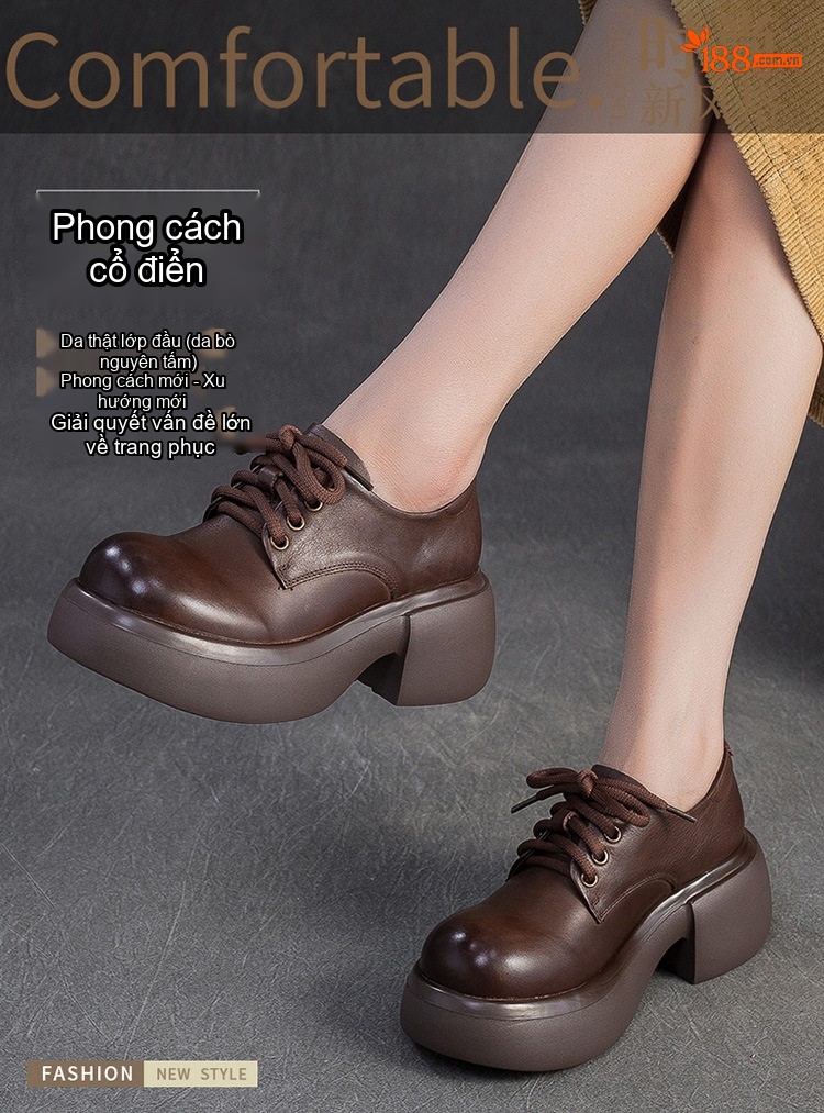 Giày Oxford Nữ Da Bò Chiều Cao Đế Khoảng 5cm Màu Đen, Nâu chi tiết 1