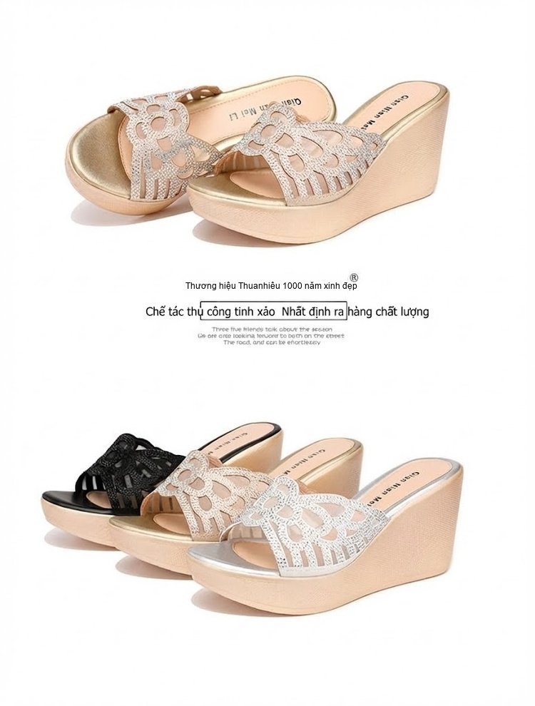 Dép Lê Nữ Đế Xuồng Quai Trong Suốt Đính Đá Chiều Cao Đế Khoảng 6cm Màu Bạc, Đen chi tiết 18