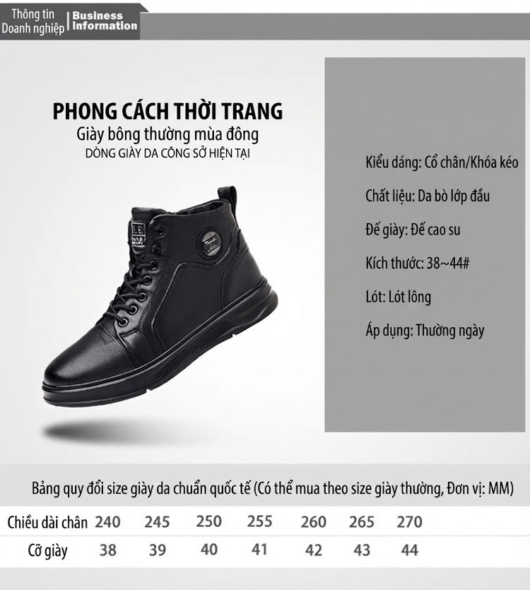 Giày Boot Nam Cao Cổ Da Thật Lót Lông Chiều Cao Đế Khoảng 3cm Màu Đen chi tiết 4