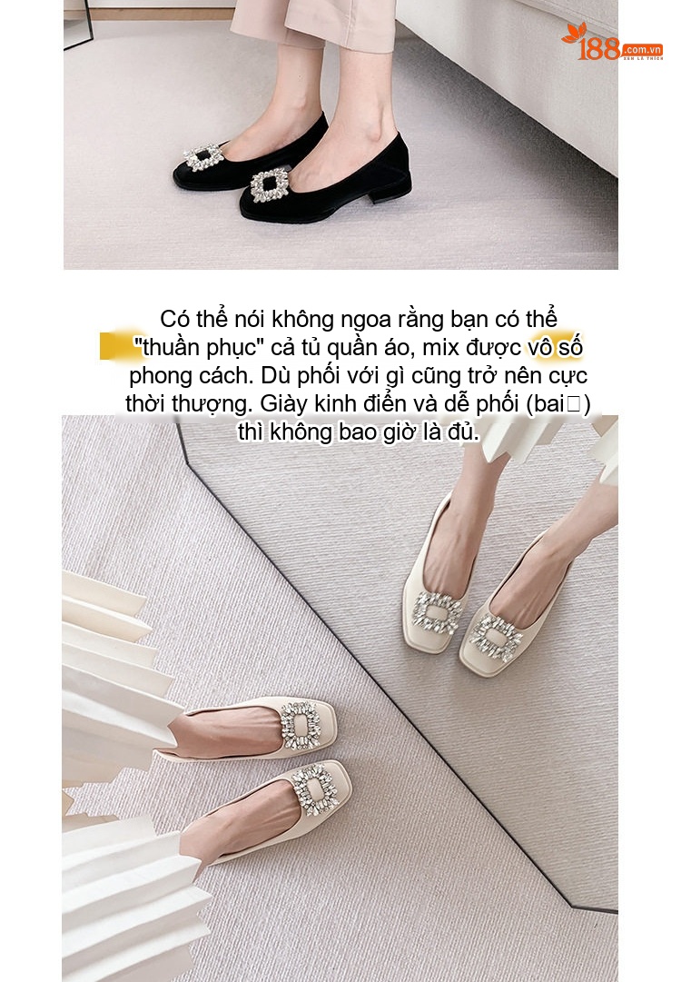 Giày Búp Bê Nữ Đính Đá Chiều Cao Đế Khoảng 2cm Màu Đen, Trắng chi tiết 3