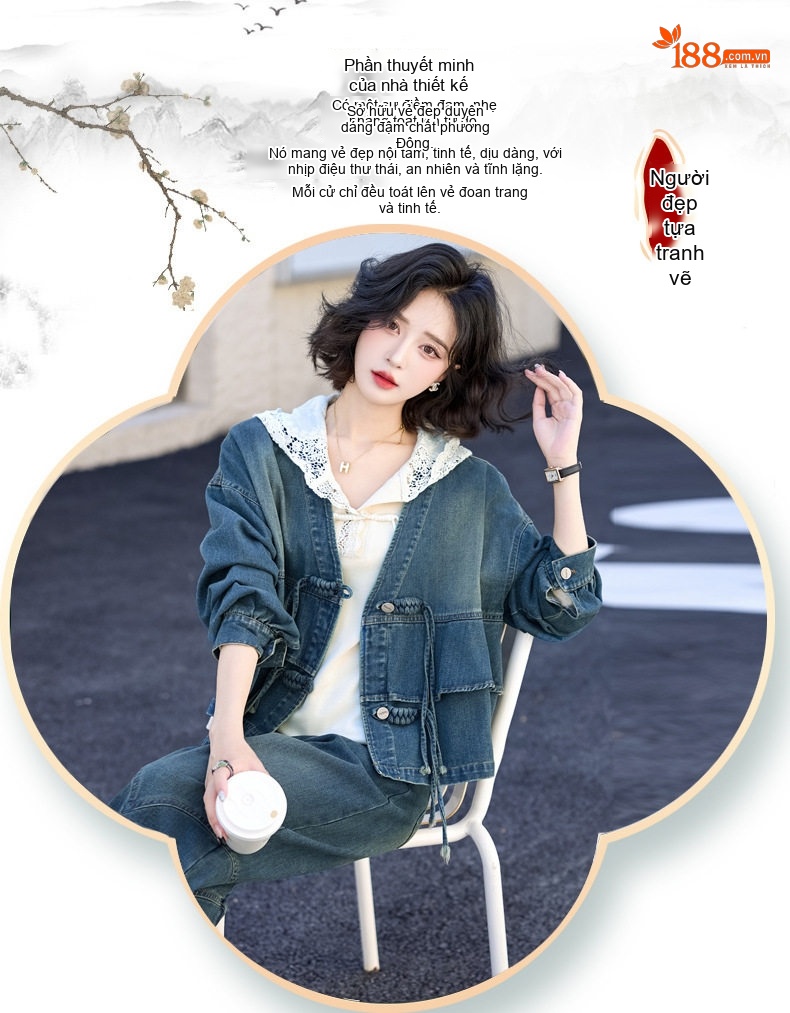 Set Bộ Quần Áo Nữ Phong Cách Trung Hoa Áo Khoác Lửng Quần Ống Rộng Jeans Xanh chi tiết 3