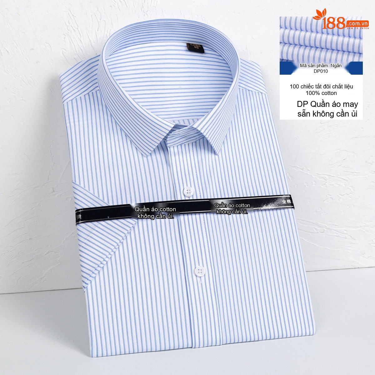 Áo Sơ Mi Nam Tay Ngắn Cotton Dáng Ôm Chống Nhăn Màu Xanh, Trắng chi tiết 9