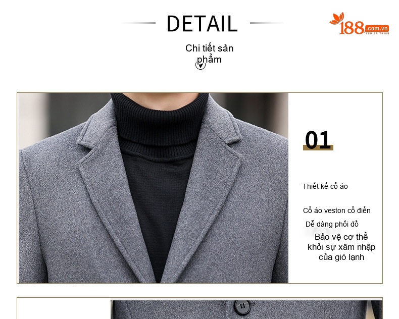 Áo Khoác Dạ Nam Dáng Dài Business Casual Màu Đen, Xám chi tiết 11