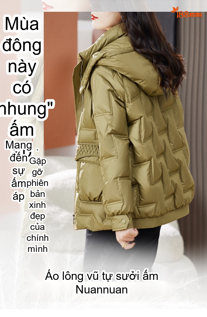 Áo Khoác Phao Nữ Ngắn Tay Dáng Nhỏ Cao Cấp Thời Trang Có Mũ Trùm Đầu Dày Dặn Lót Lông Vũ Trắng Màu Xanh Olive chi tiết 1