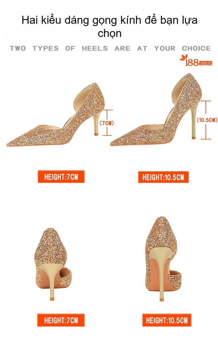 Giày Cao Gót Nữ Hở Bên Chiều Cao Đế Khoảng 9cm Đính Kim Sa Lấp Lánh Màu Đen, Vàng Đồng, Bạc, Xanh Dương chi tiết 2