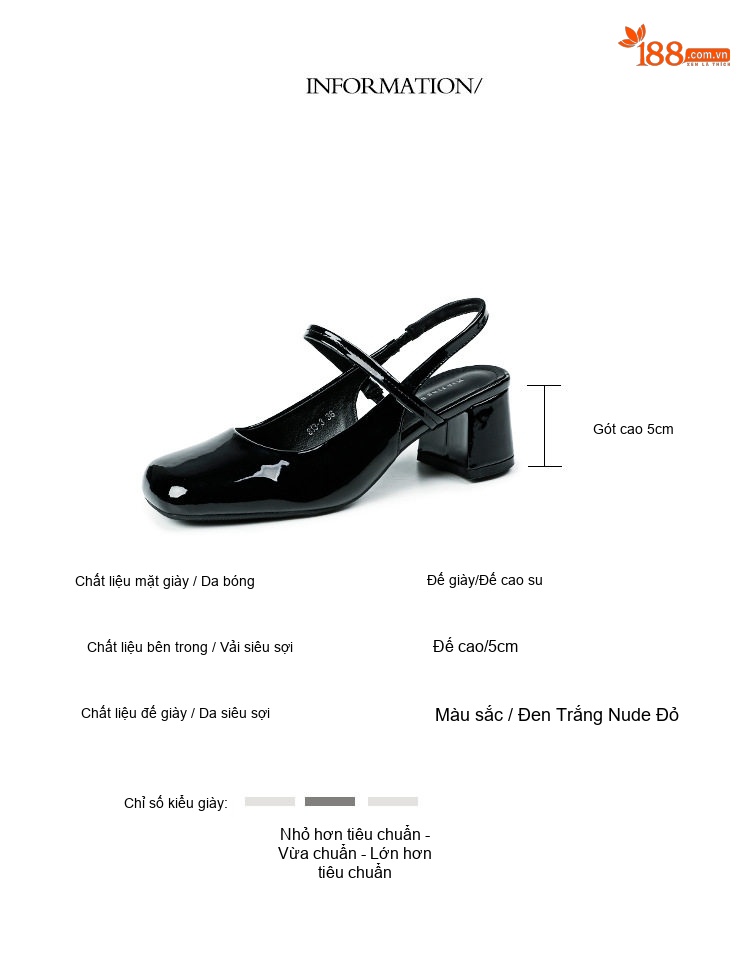 Giày Cao Gót Nữ Da Bóng Quai Hậu Gót Vuông Gót Cao 7cm - 8cm Màu Đen, Trắng, Đỏ, Kem chi tiết 2