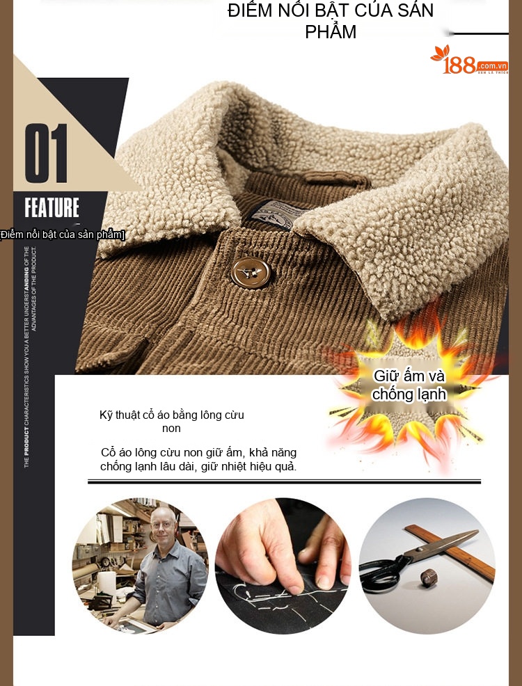 Áo Khoác Nam Cotton Lót Lông Cổ Bẻ Dáng Rộng Giữ Ấm Màu Xám, Nâu, Đen chi tiết 7