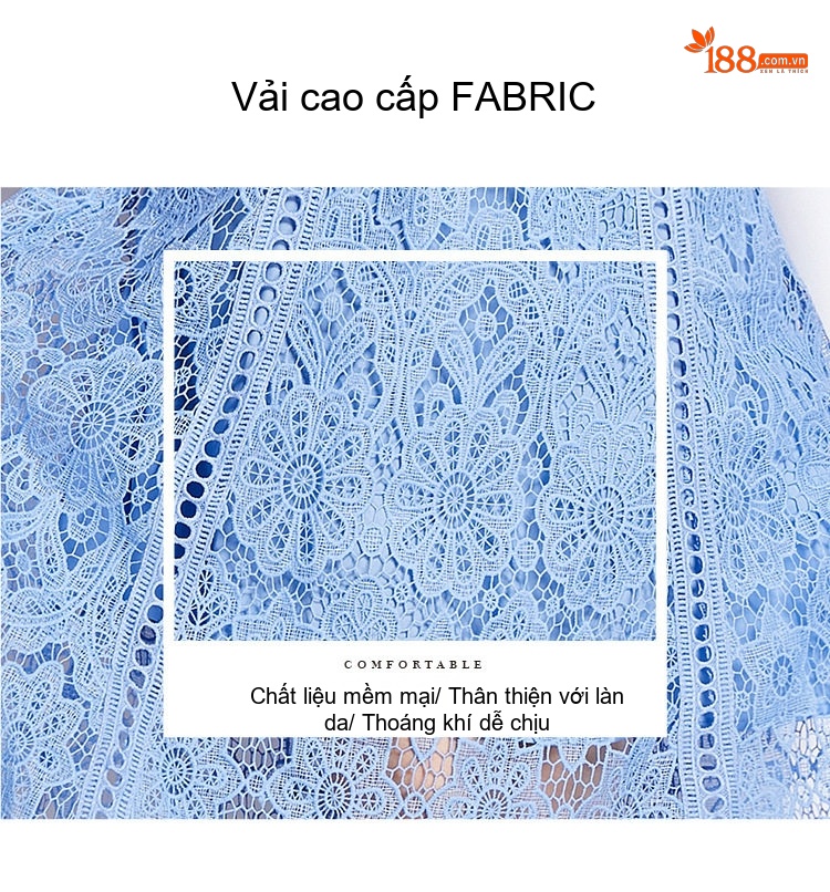 Váy liền thân Nữ Ren Tay Bèo Cổ Tròn Dáng Dài Thanh Lịch Màu Xanh Lam chi tiết 7