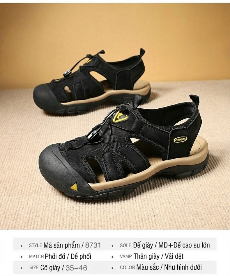 Dép Sandal Nam Bít Mũi Đi Nước Vải Dệt Thoáng Khí Đế Cao 3cm chi tiết 4