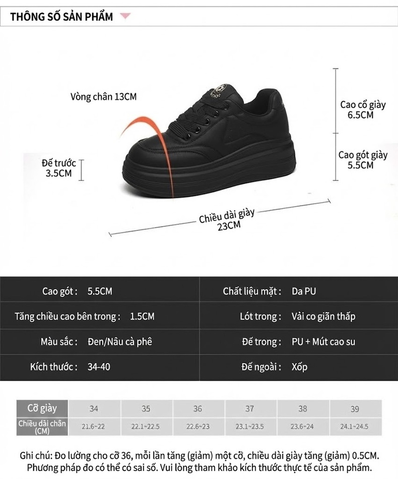 Giày Sneaker Nữ Đế Bánh Mì Chiều Cao Đế Khoảng 5cm Phong Cách Thể Thao Màu Đen, Nâu chi tiết 3