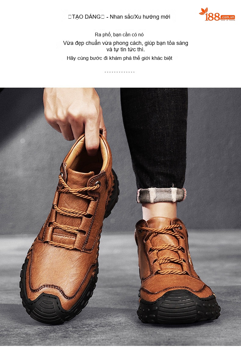 Giày Boot Nam Cổ Cao Dây Buộc Da Bóng Phong Cách Casual Chiều Cao Đế Khoảng 3cm Màu Nâu chi tiết 17
