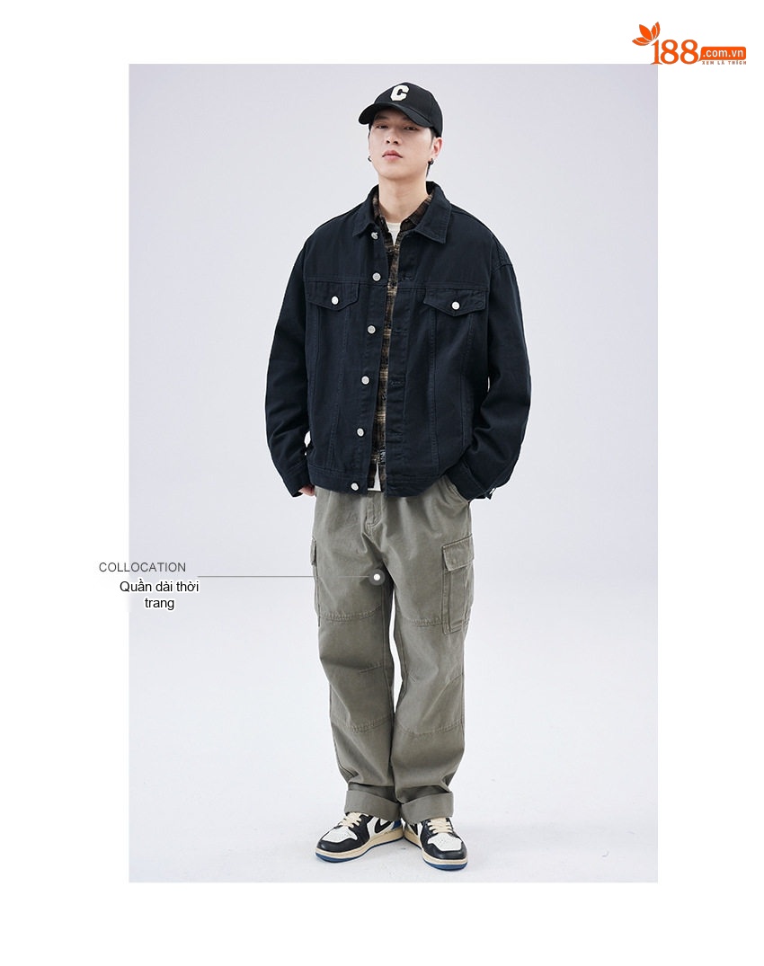 Áo Khoác Jeans Nam Dáng Rộng Phong Cách Retro Màu Hồng, Nâu, Tím, Xanh Lá chi tiết 7