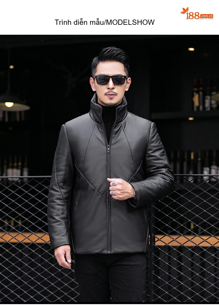 Áo Khoác Da Cừu Nam Lót Lông Vũ Dáng Ôm Cổ Trụ Màu Đen chi tiết 3