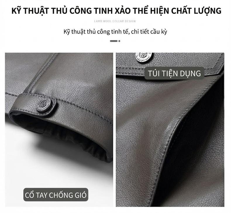 Áo Khoác Da Cừu Nam Có Mũ Trùm Đầu Dáng Ôm Thời Trang Màu Nâu, Đen chi tiết 4