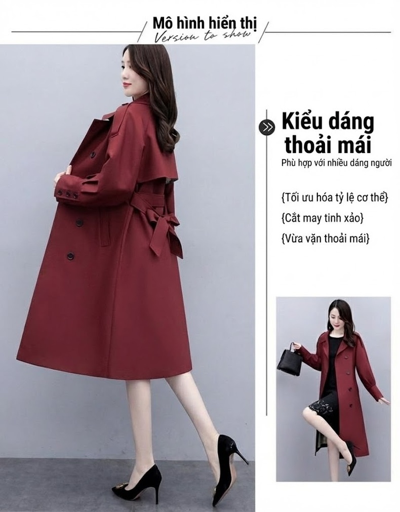 Áo Khoác Gió Nữ Dáng Dài Thanh Lịch Màu Đỏ, Be chi tiết 10