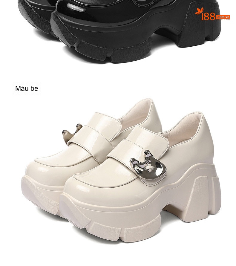 Giày Loafer Nữ Da Bóng Chiều Cao Đế 8cm Tăng Chiều Cao Màu Đen, Kem chi tiết 13