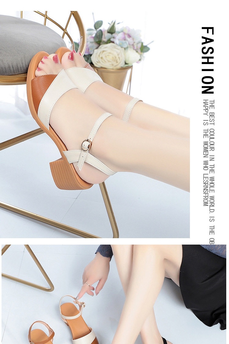 Giày Sandal Cao Gót Nữ Quai Ngang Khóa Cài Gót Vuông Da Bóng Gót Cao 7cm - 8cm Màu Đen, Nâu, Kem chi tiết 11
