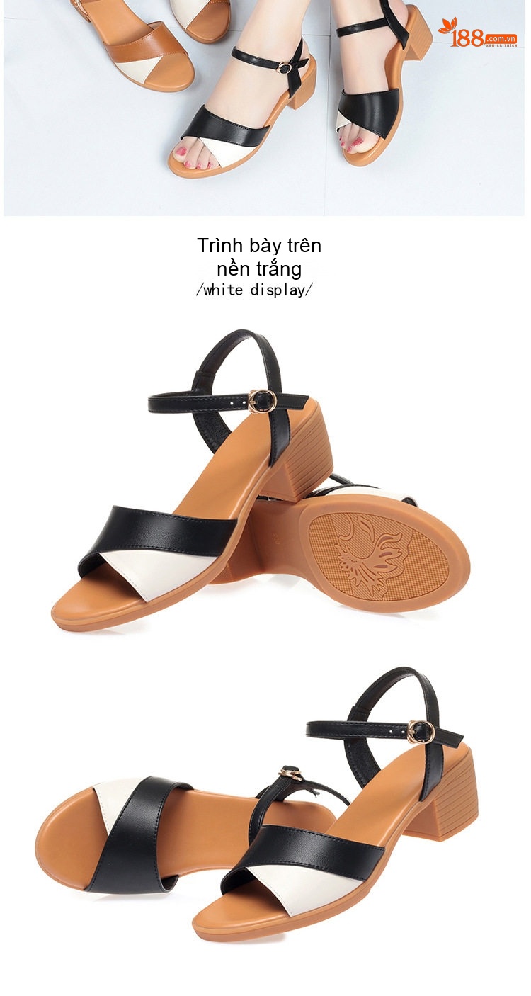 Giày Sandal Cao Gót Nữ Quai Ngang Khóa Cài Gót Vuông Da Bóng Gót Cao 7cm - 8cm Màu Đen, Nâu, Kem chi tiết 12
