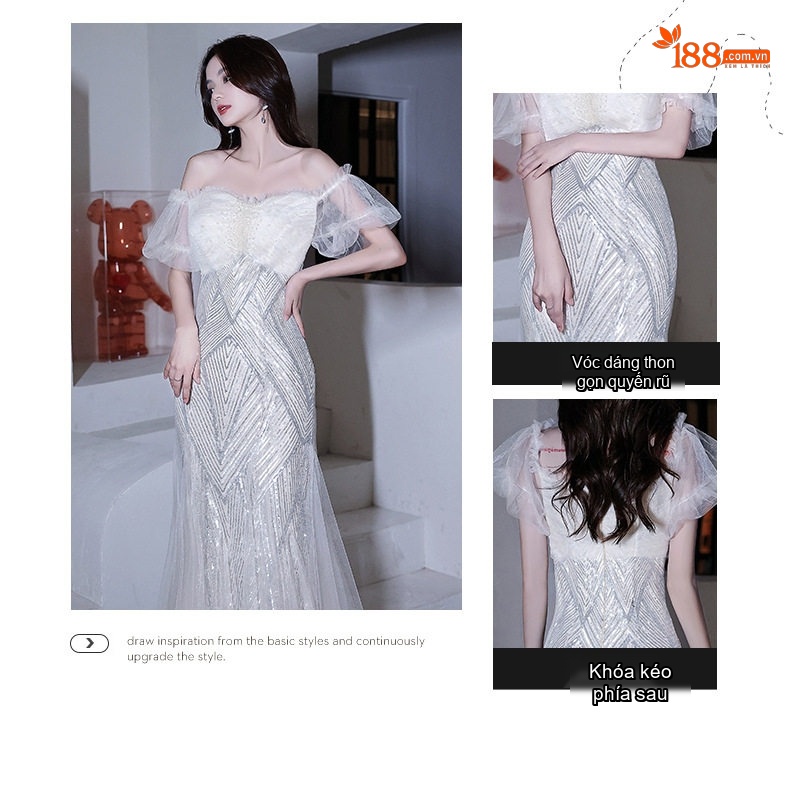 Váy Dạ Hội Nữ Dáng Dài Xòe Đuôi Cá Cao Cấp Màu Trắng, Hồng chi tiết 4