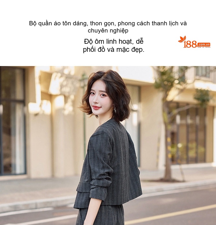 Set Bộ Tiểu Thư Áo Khoác Quần Ống Rộng Dáng Suông Kẻ Sọc Màu Xám, Nâu chi tiết 8