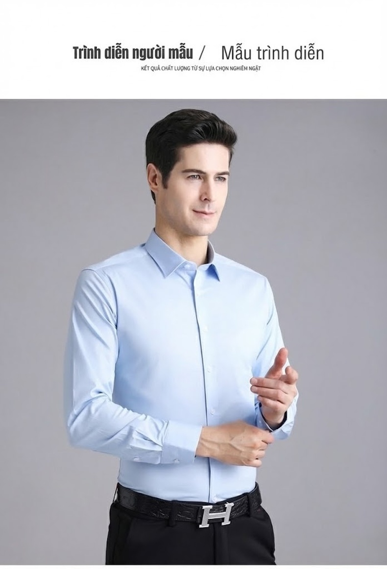 Áo Sơ Mi Dài Tay Nam Cotton Chống Nhăn Ôm Dáng Màu Trắng, Xanh chi tiết 7