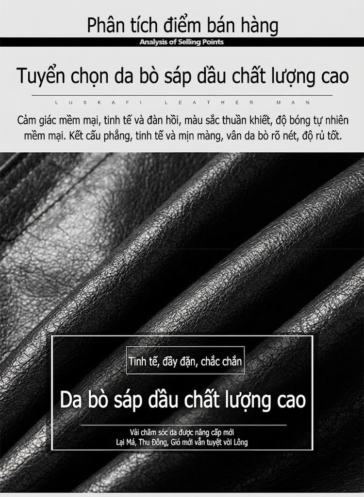Áo Khoác Da Dài Nam Da Bò Dáng Áo Vest Cổ Bẻ Phong Cách Thời Trang Màu Đen chi tiết 3